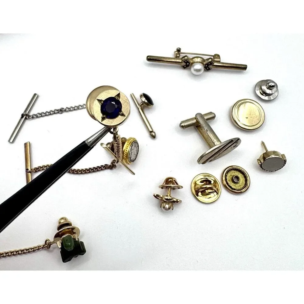 Lot of Vintage Tie Tacks Pins Jade Buddah Gold Tone Roman Coin Amethyst Pearl